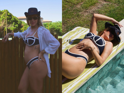 Lore Improta posa com barriguinha de grávida à mostra em dia de piscina e descanso