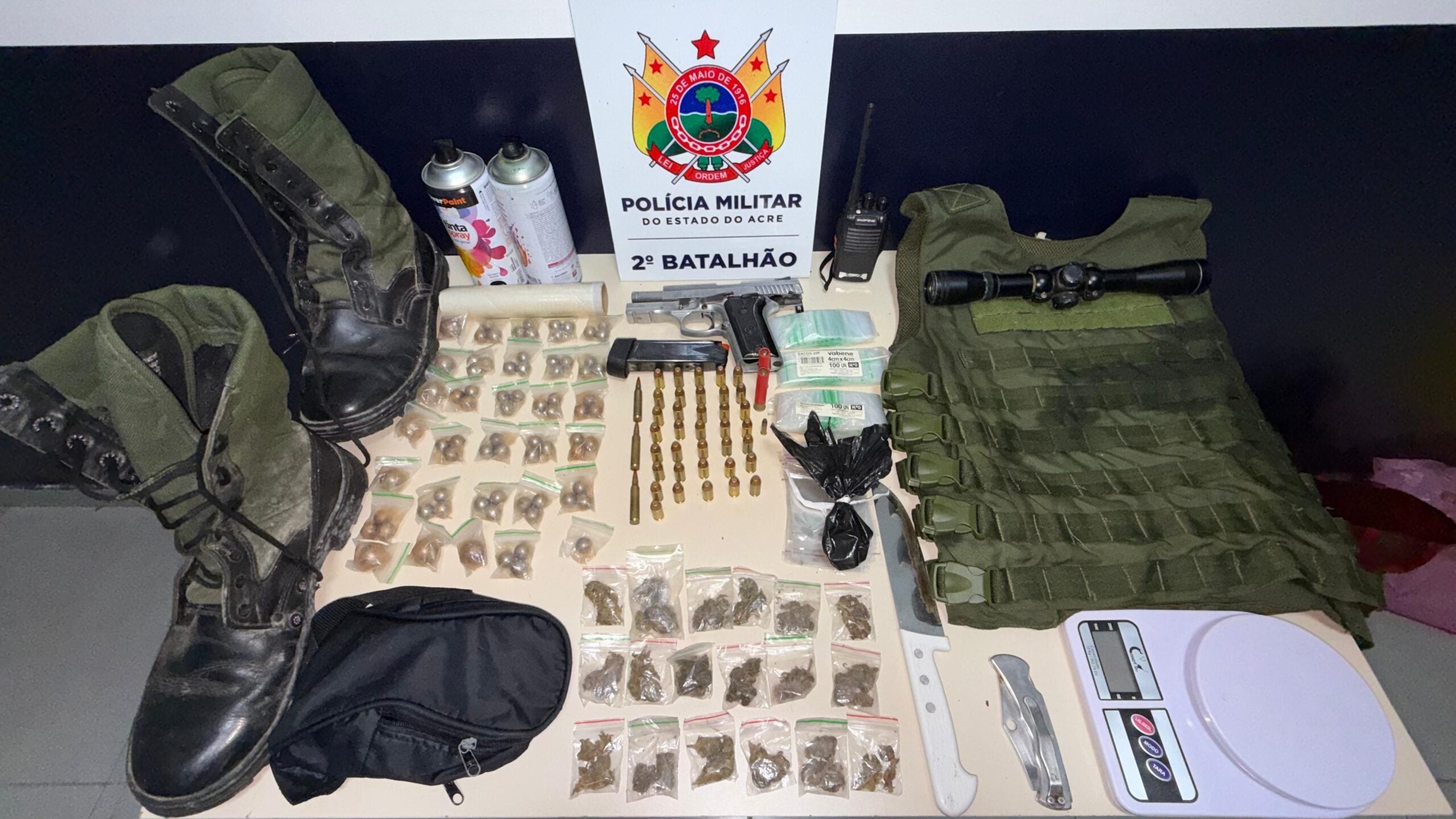 Polícia recupera arma furtada e apreende munições e drogas em chácara usada como esconderijo