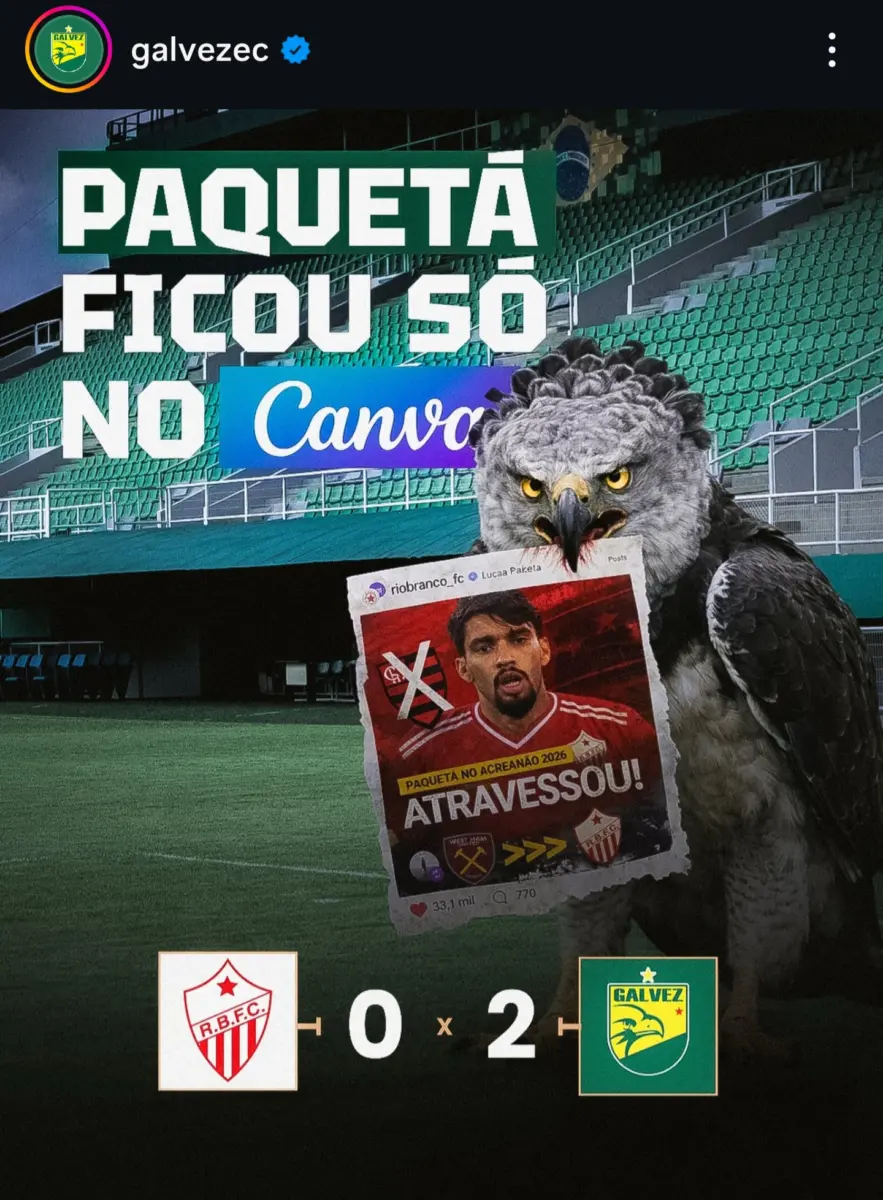 Galvez faz provocação ao Estrelão nas redes após vitória: “Paquetá ficou só no Canva”