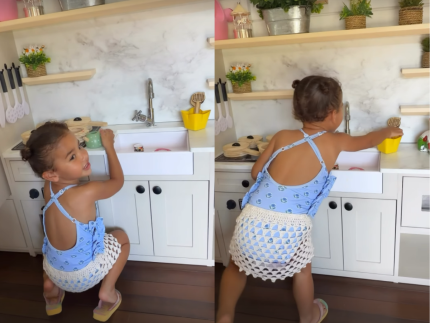Muito meiga! Mavie, filha de Neymar, brinca em cozinha infantil e arranca suspiros da web