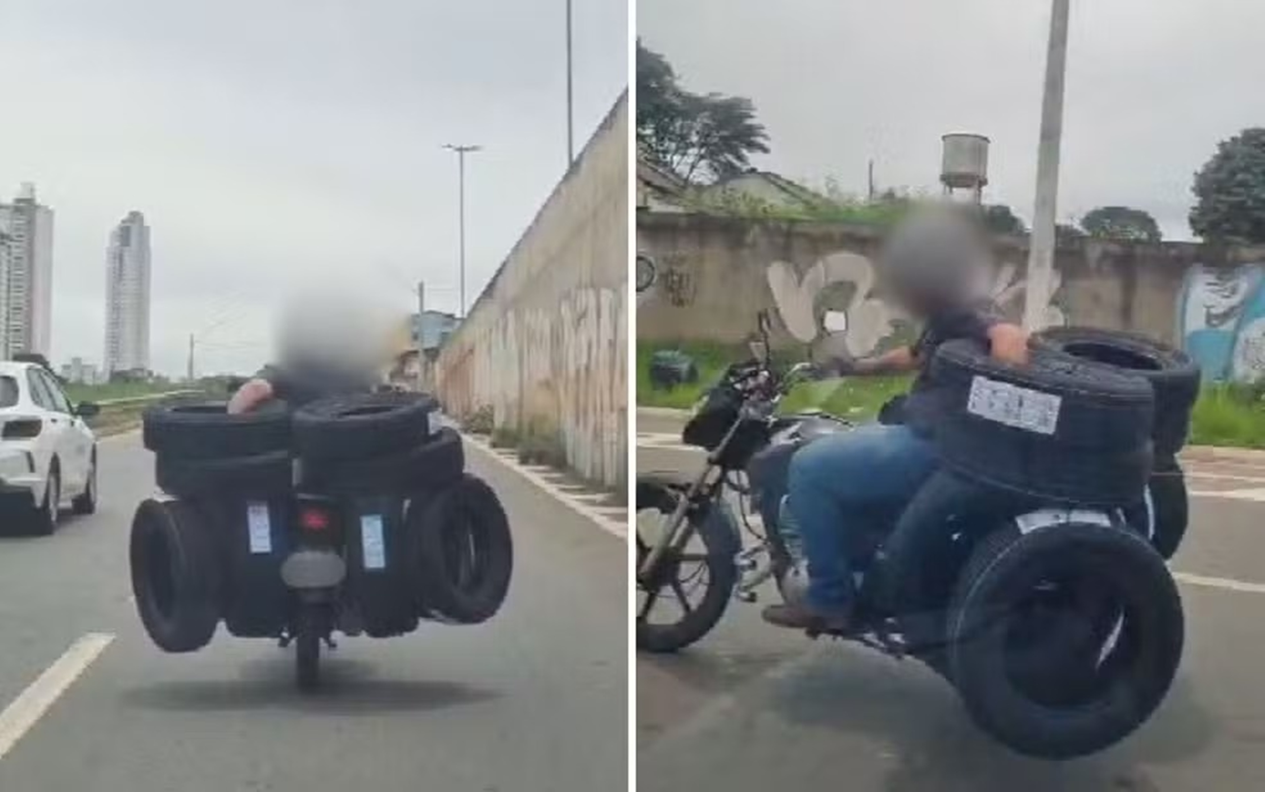 Homem é flagrado levando 8 pneus em motocicleta em avenida de Goiânia