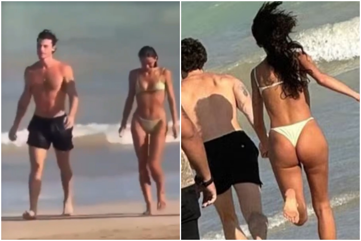 Bruna Marquezine e Shawn Mendes correm de mãos dadas em praia