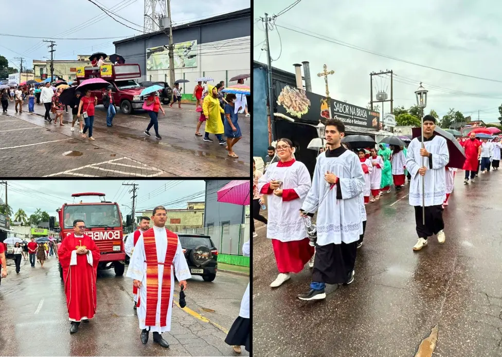 Sob guarda-chuvas e fé, procissão de São Sebastião toma ruas do bairro Aviário