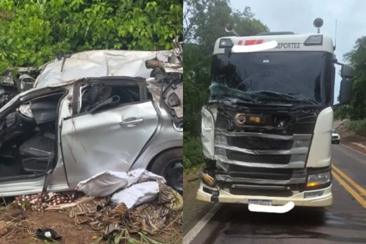 Batida entre carro e carreta mata quatro pessoas da mesma família