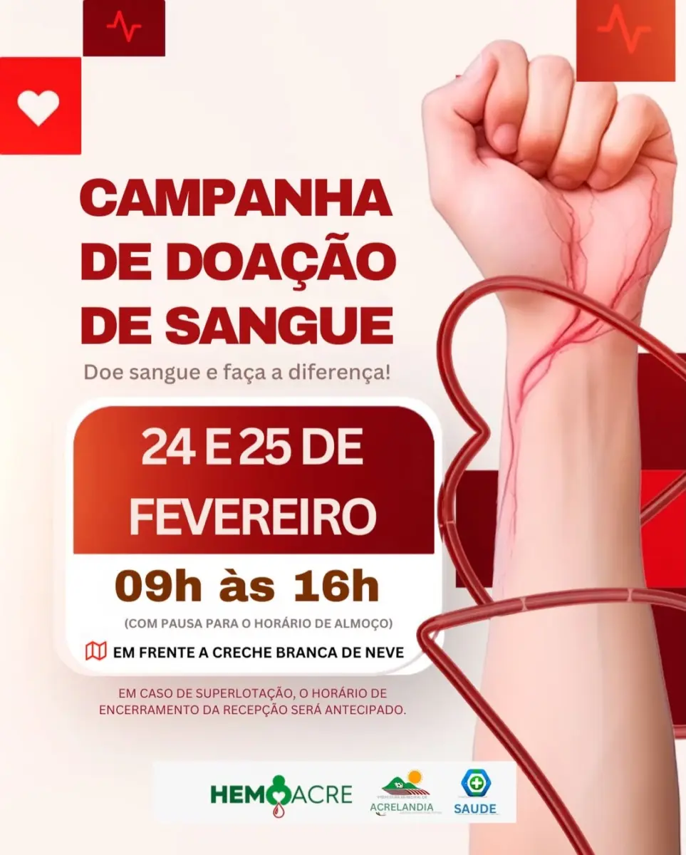 Hemoacre realiza campanha de doação de sangue em Acrelândia nesta terça
