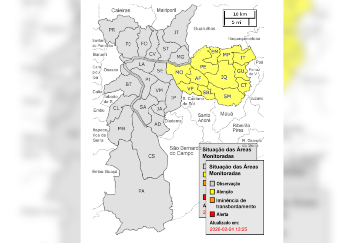 Chuva: zona leste de SP está em estado de atenção para alagamentos